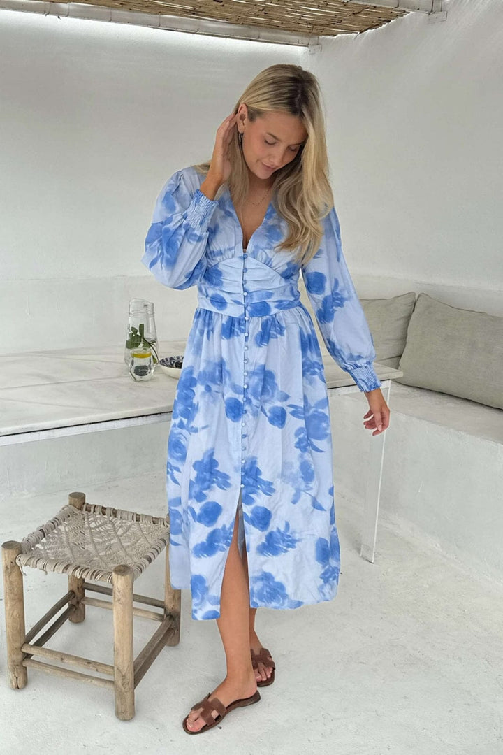 Forudbestilling - BYIC - Adelic Long Dress - abfp Abstract Blue Flower Print Kjoler 