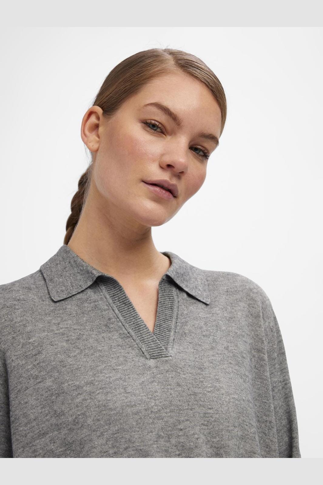 Object - Objthess L/S V-Neck Knit Polo - 4461694 Medium Grey Melange