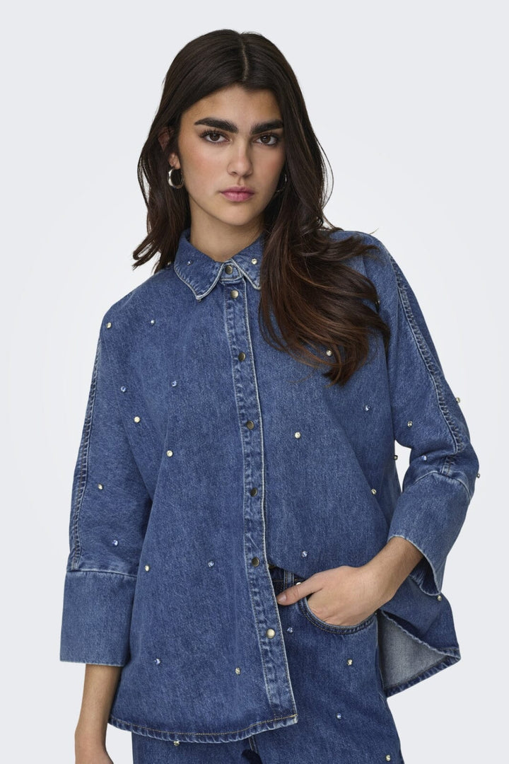 Only - Onlgrace Ls Rhinestone Shirt Cro - 4358961 Medium Blue Denim