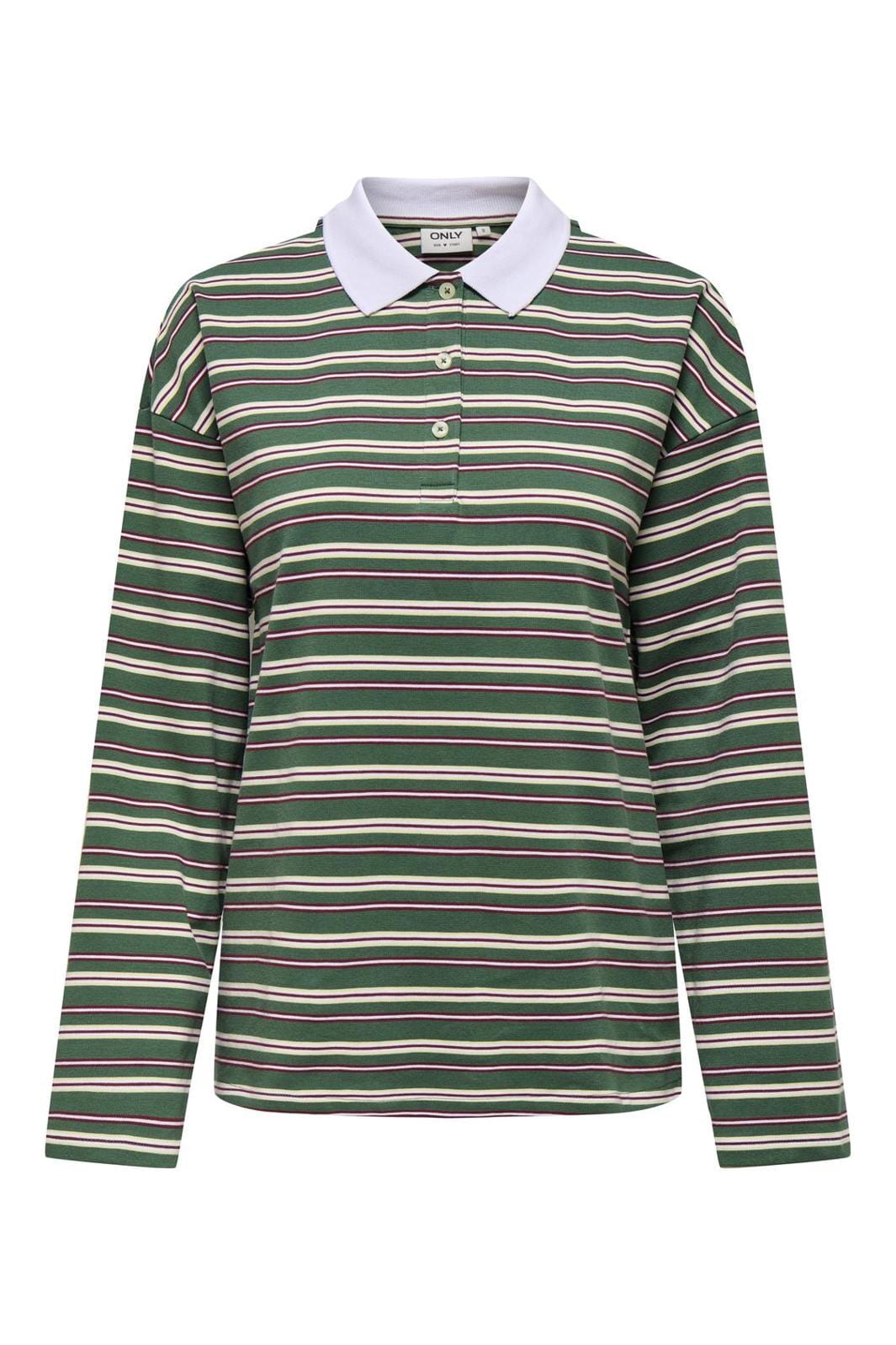 Only - Onllara L/S Stripe Polo Ub Swt - 4767188 Pineneedle Lilo (Cabernet+Double Cream+White)