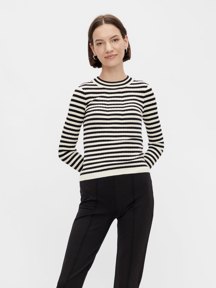 Pieces, Pccrista Ls O-Neck Knit, Black WITH BIRCH STRIPES M