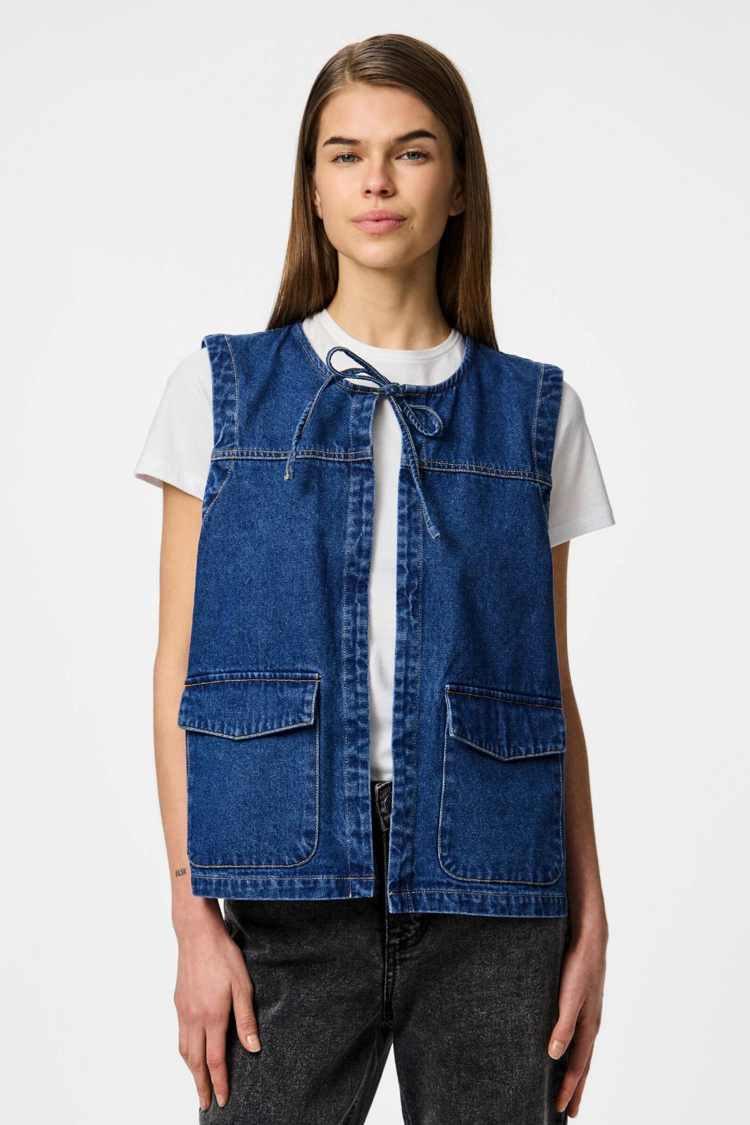 Pieces - Pcfenna Sl O-Neck Tie Denim Vest Fsy - 4860474 Dark Blue Denim