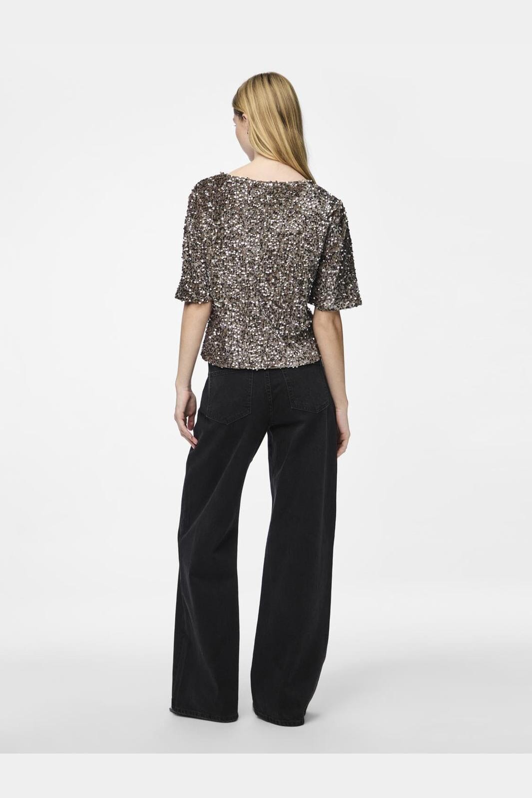 Pieces - Pckam Ss Top - 4641548 Morel Silver Sequins