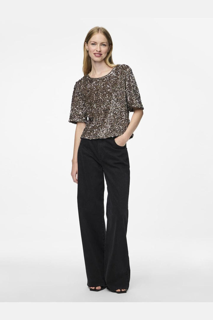 Pieces - Pckam Ss Top - 4641548 Morel Silver Sequins