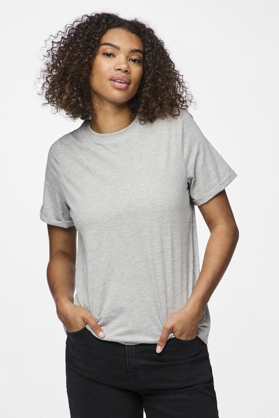 Pieces - Pcria Ss Fold Up Solid Tee - 2676945 Light Grey Melange