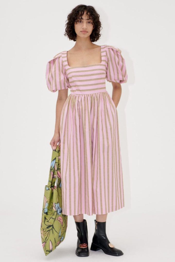 Stine Goya - 2344 Soft Jacquard Weave, Blouson Sleeve Midi Dresssg-ss25-d113-2344 - Wallpaper Stripes