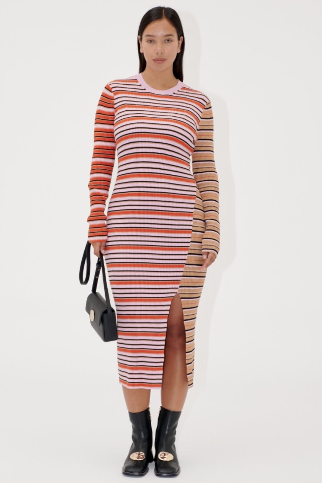 Stine Goya - 2356 Soft Rib, Long Sleeve Knit Dress W/ Slit sg-ss25-d118-2356 - Cream Stripes / Pink Stripes