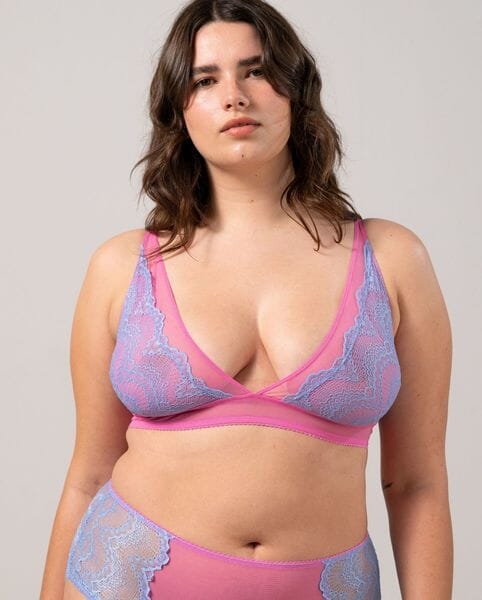 Understatement Underwear - Lace Mesh Plunge Bralette - Light Blue / Candy Pink BH 